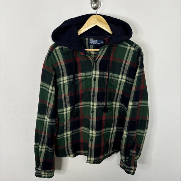 Polo Ralph Lauren Men L Plaid Knit Quilted Hybrid Flannel Jacket Hooded Hooded - Picture 1 of 6